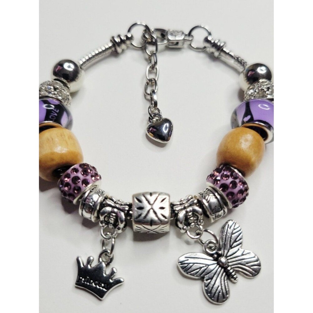 🆕 NWT Pandora Style Charm Bracelet Crown Princess Purple Rhinestones Wood Beads